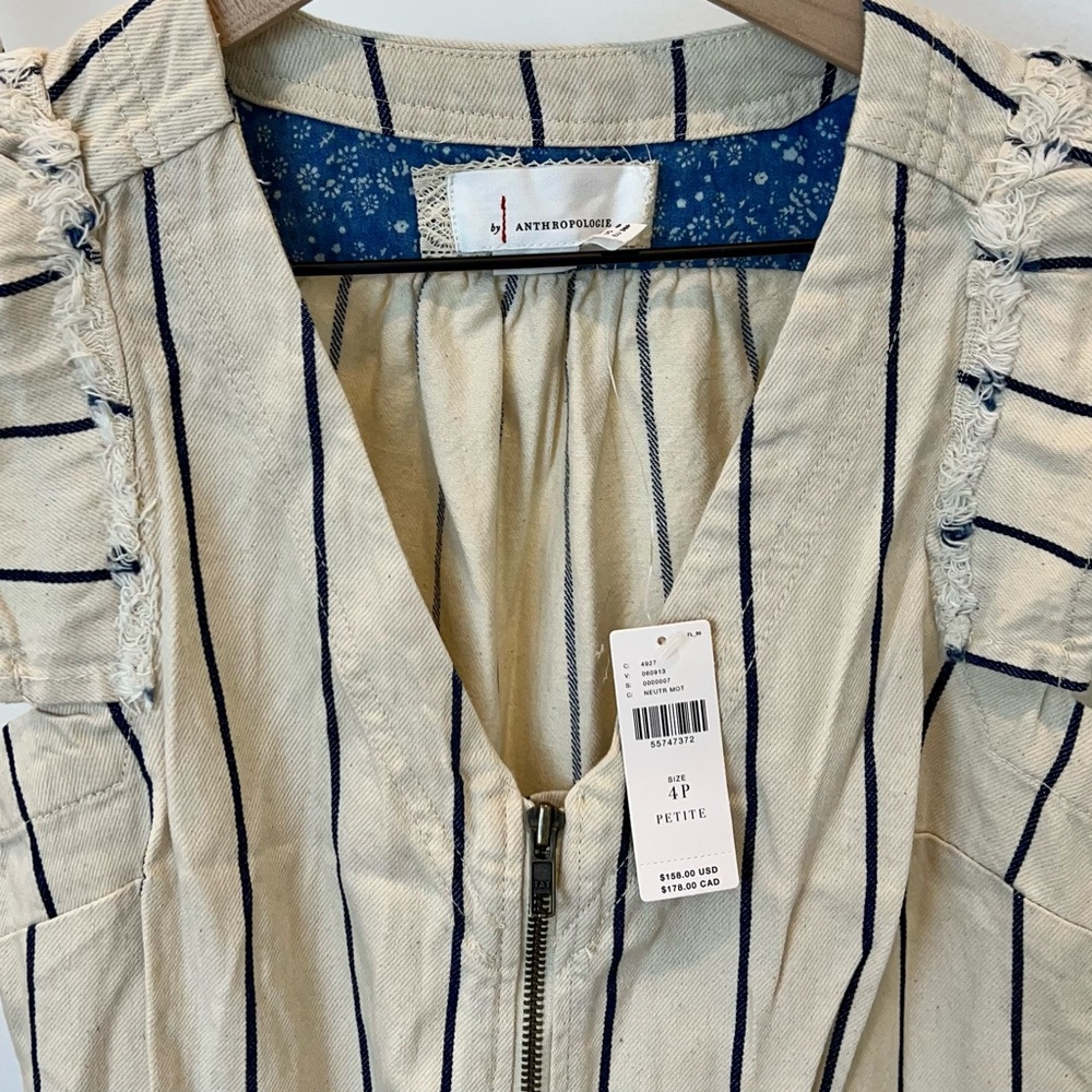 NWT Anthropologie Cream & Blue Striped Jumpsuit Size 4P - Picture 4 of 11